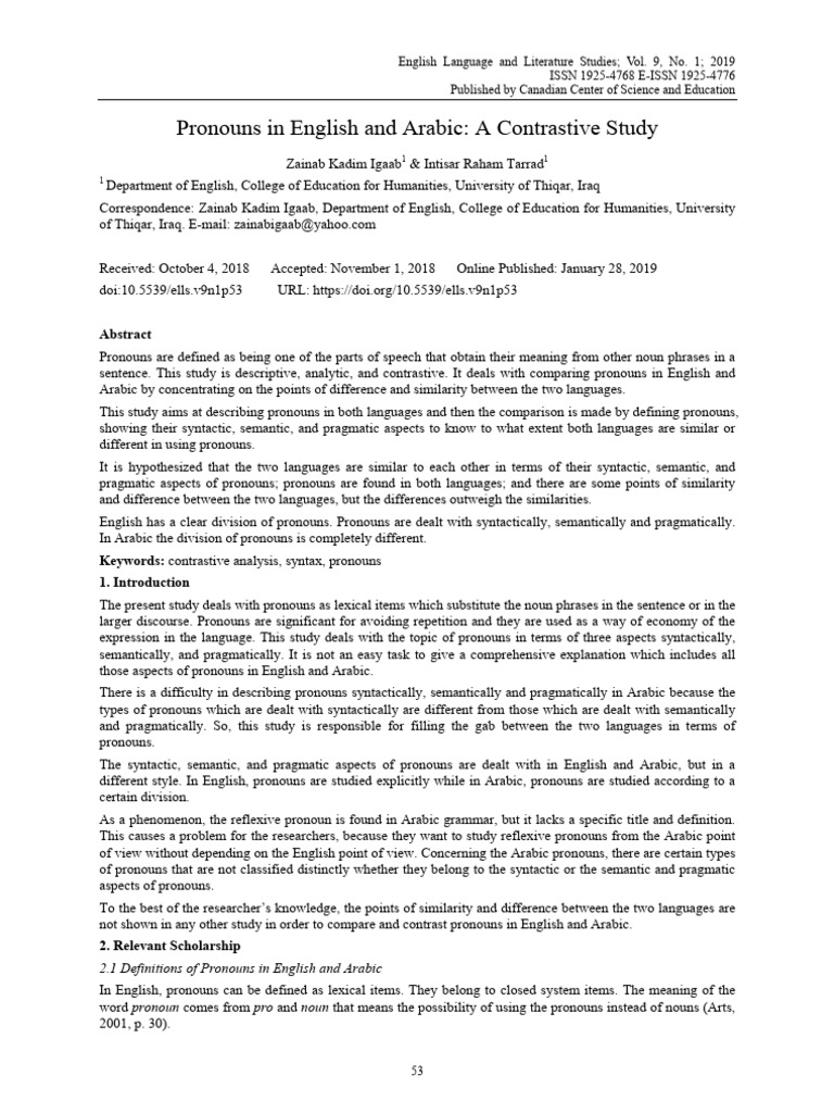 Contrastive Study of English and Arabic Pronouns | PDF | Grammatical ...