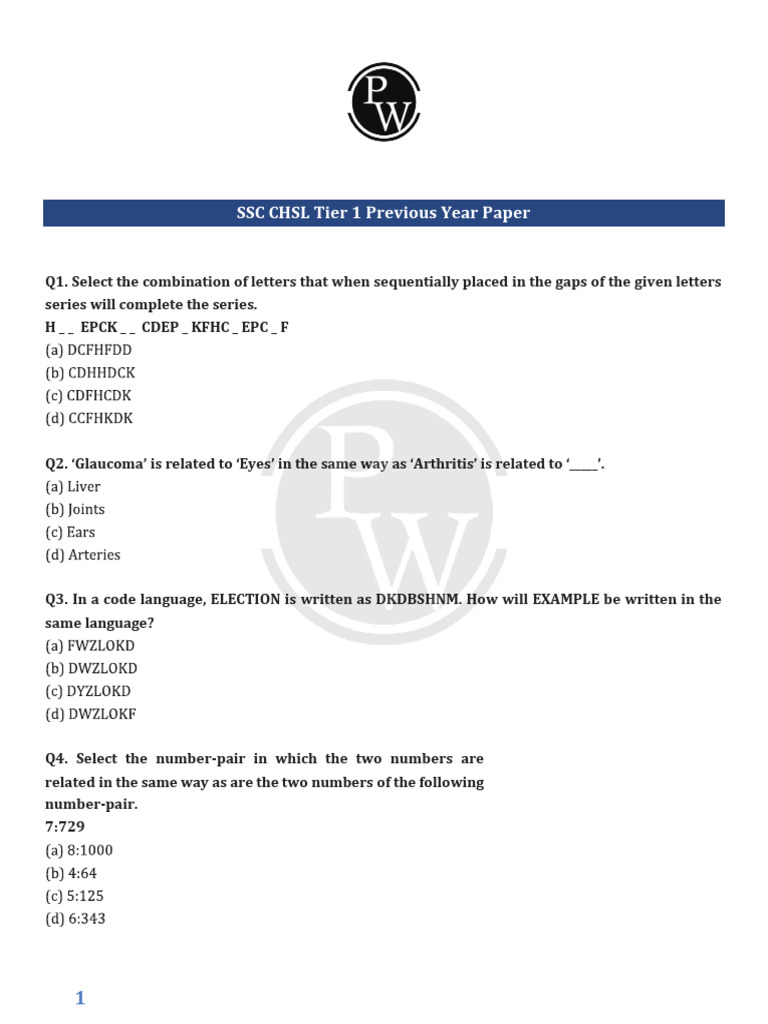 SSC CHSL Tier 1 Previous Year Papers | PDF