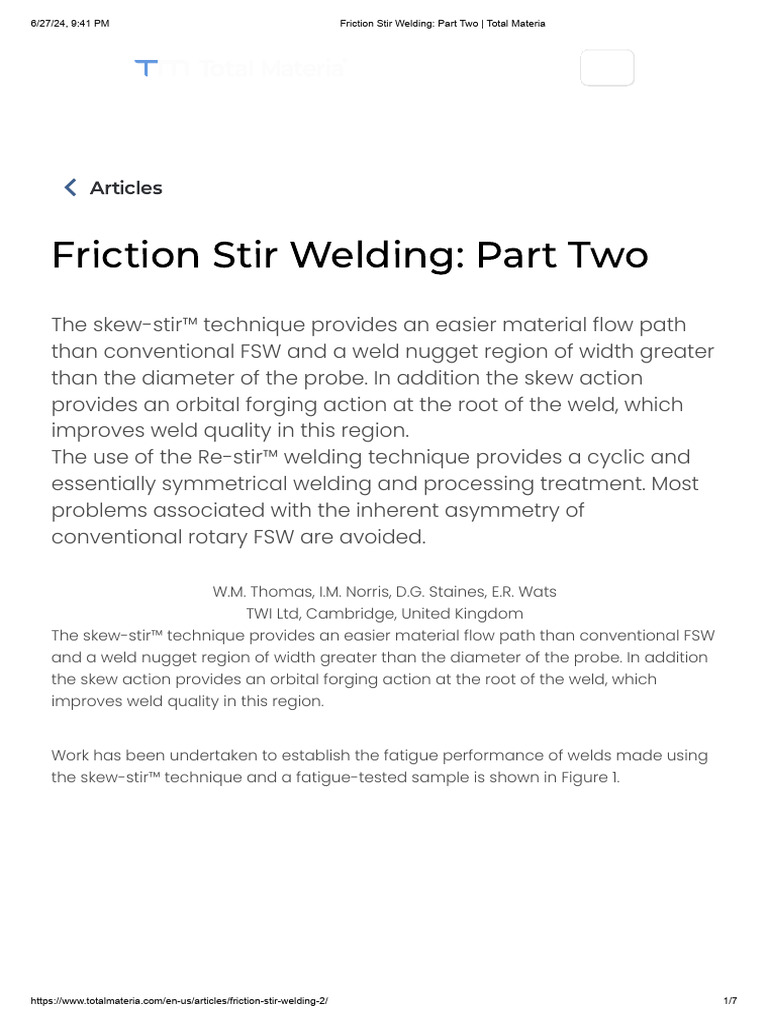 Friction Stir Welding - Part Two - Total Materia | PDF | Welding ...