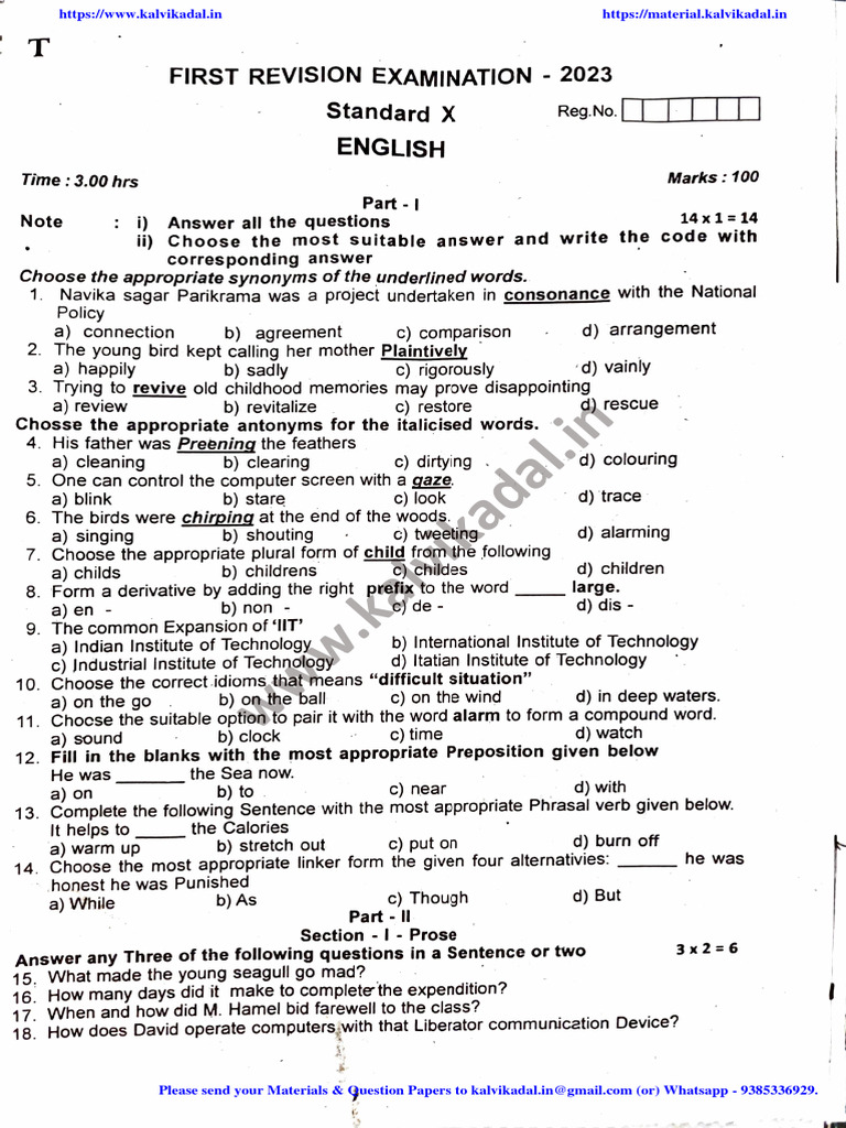English Exam Paper 2023 Standard X | PDF