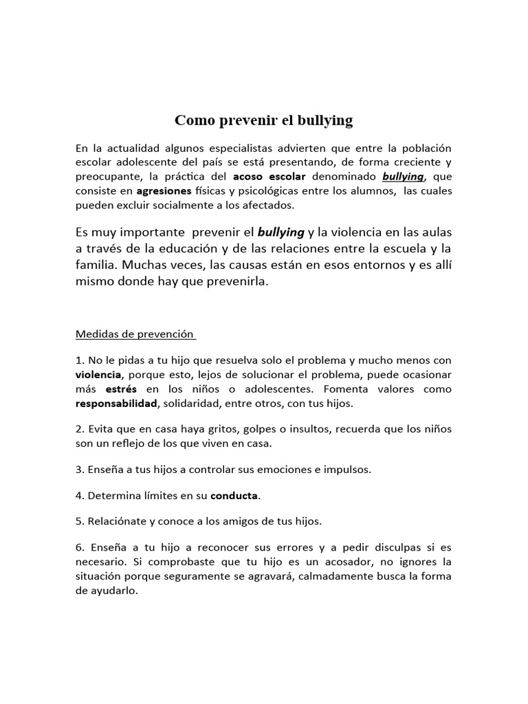 Como Prevenir El Bullying | PDF | Relaciones personales, crianza y ...