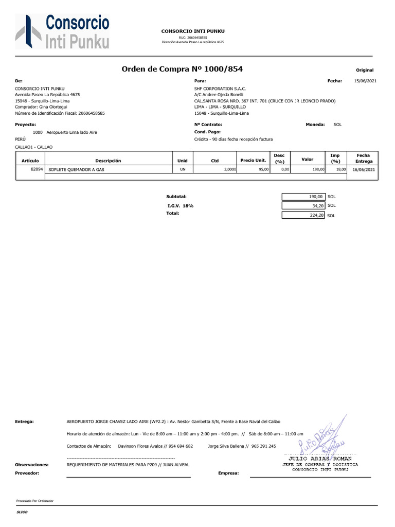 Orden de Compra #1000/854: Consorcio Inti Punku | PDF