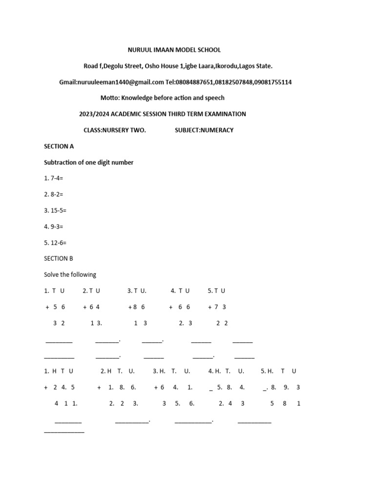 Nursery Two Numeracy 1 Pdf Elementary Mathematics Mathematics