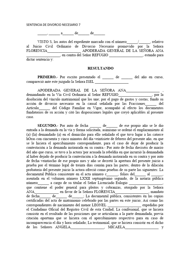 SENTENCIA DE DIVORCIO NECESARIO 7 | PDF | Divorcio | Sentencia (ley)