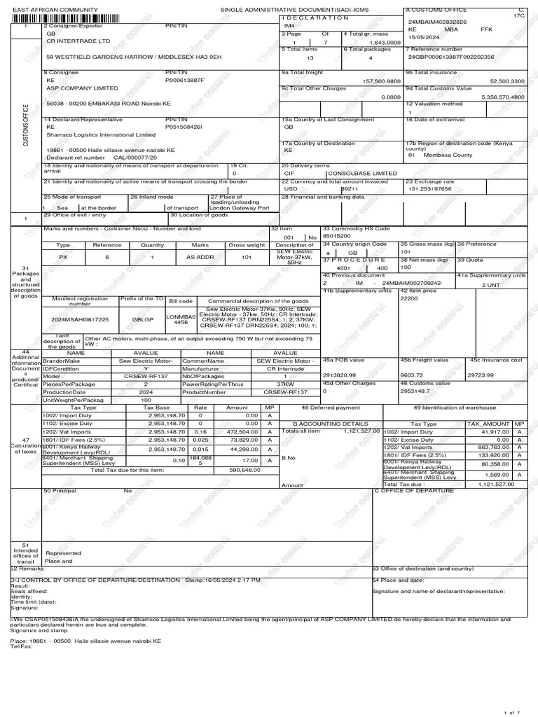 Customs Declaration for Electric Motors | PDF | Taxes | Customs