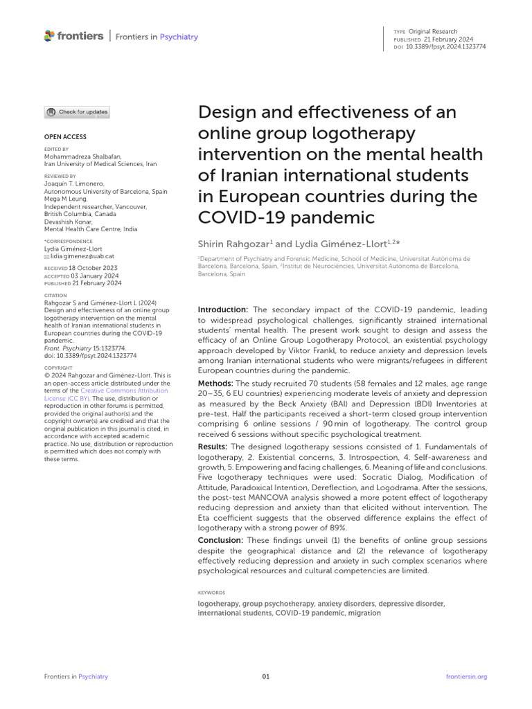 Design and Effectiveness of An Online Group Logotherapy Intervention On ...