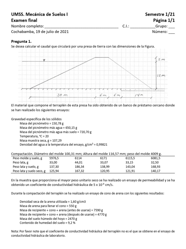 UMSS 2021-01 MecSuelosIG1 03examenfinal | PDF | Pascal (Unidad) | Presión
