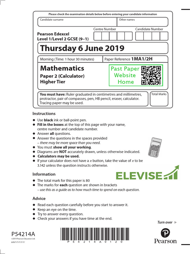 Edexcel GCSE Maths Paper 2 June 2019 | PDF | Area | Qr Code