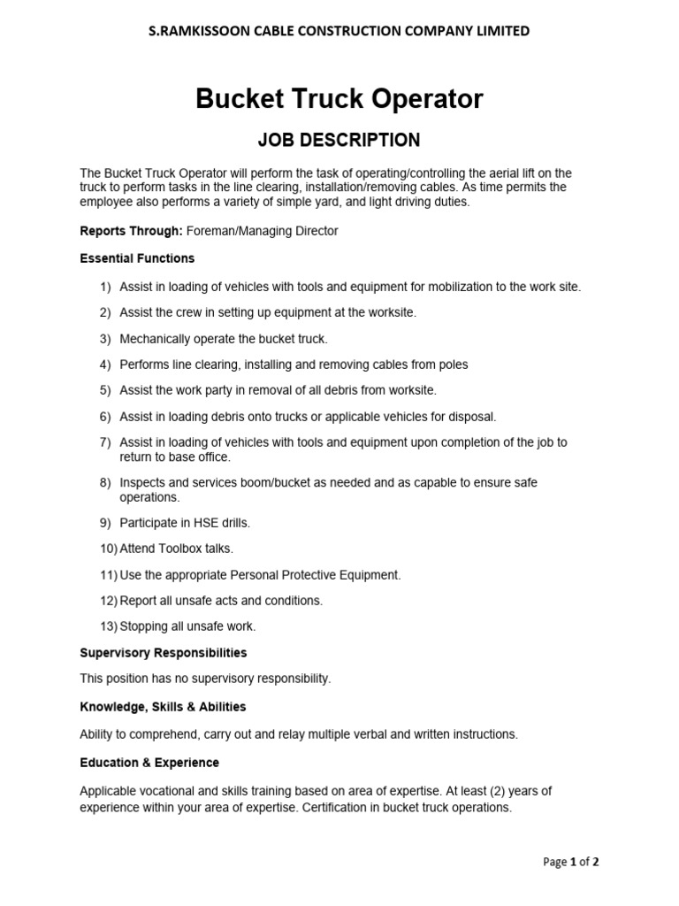 Bucket Truck Operator Job Description | PDF | Truck | Occupational ...