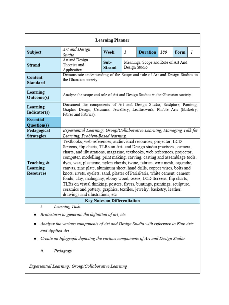 Art and Design Studio Revised Learning Planner BLANK | PDF | 3 D ... image.