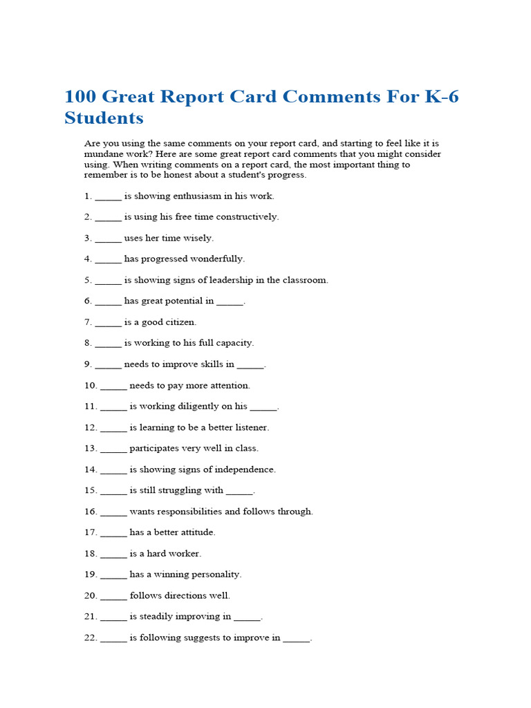 math comments for report cards grade 1 Report Card Comments main image 0