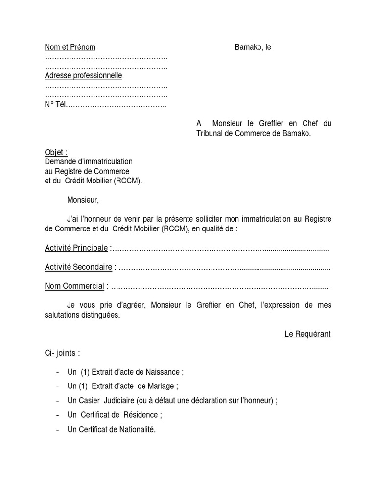 Demande d'immatriculation RCCM Bamako | PDF | Finance et gestion ...