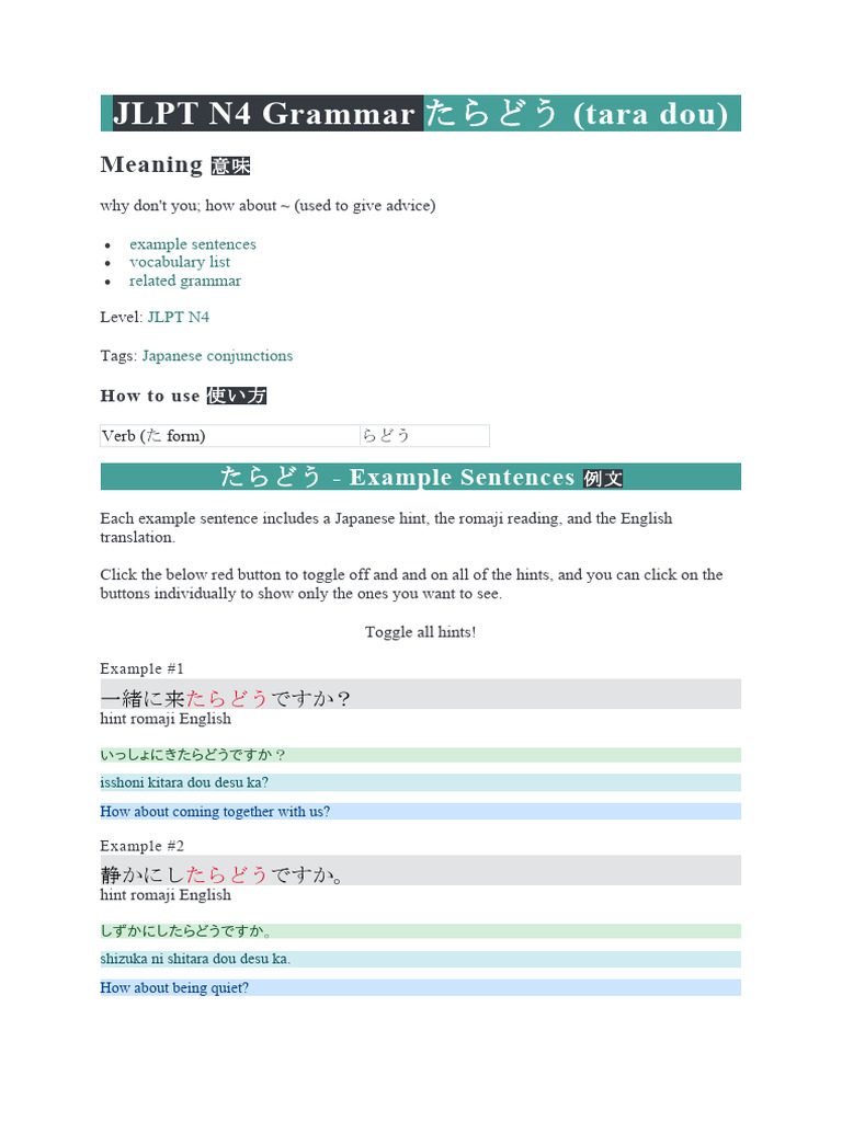 JLPT N4: たらどう Grammar Guide | PDF | Japanese Language | English Language