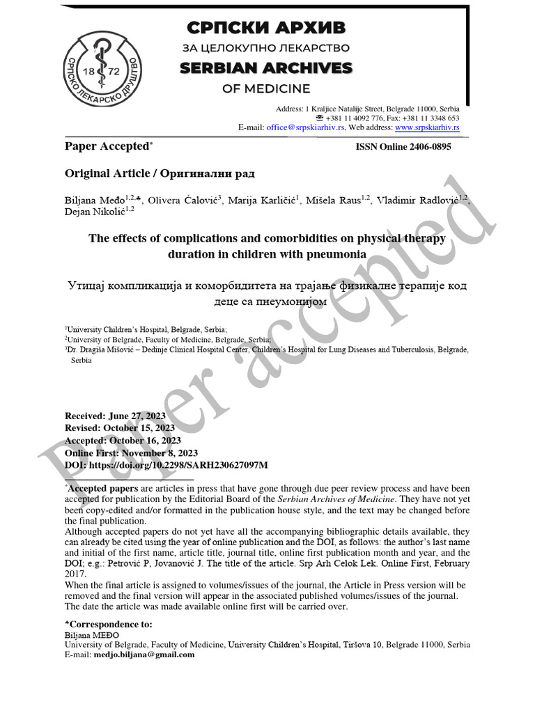 Paper Accepted Original Article / Оригинални рад | PDF | Diseases And ...