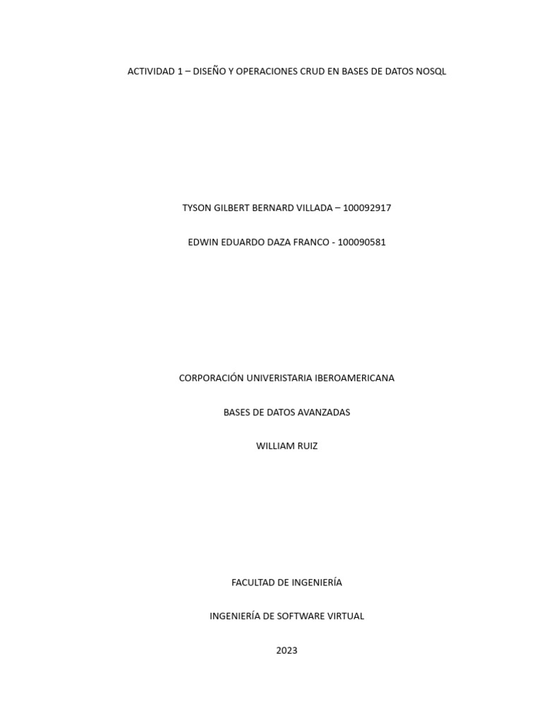 Actividad 1 diseno y operaciones crud en bases de datos nosql pdf