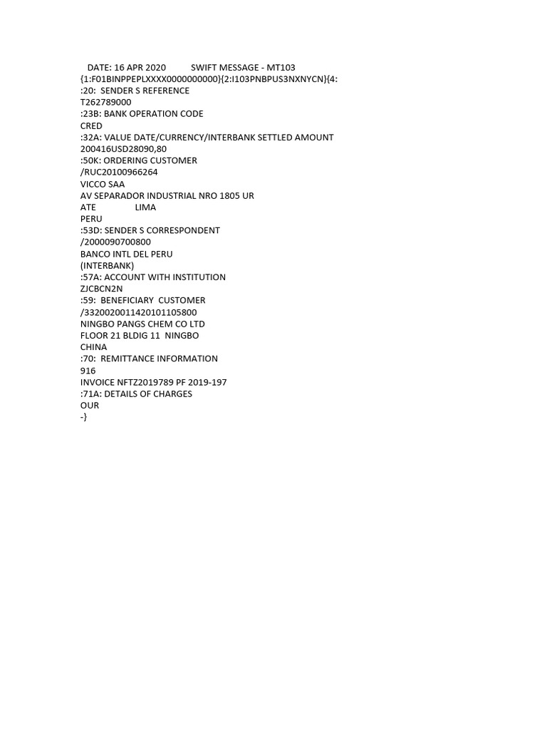 Interbank SWIFT Code for Peru Transactions | PDF