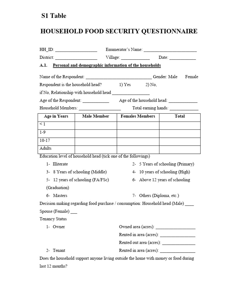 Household food security questionnaire pdf statistical data sets