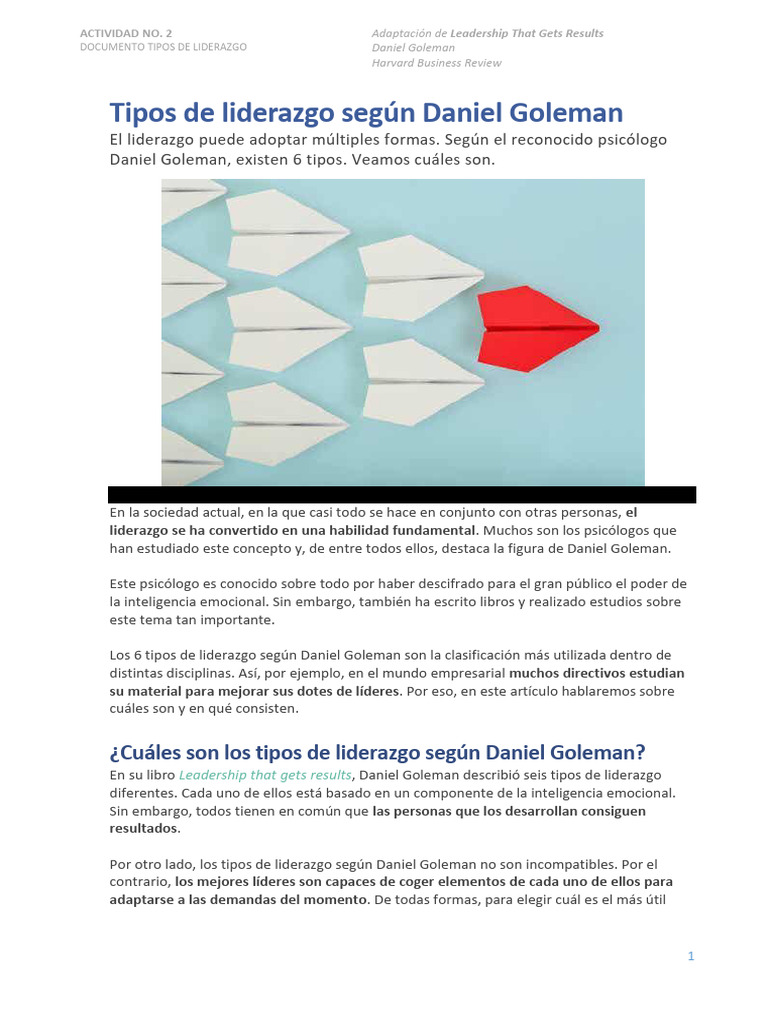 Tipos de Liderazgo según Goleman | PDF | Liderazgo | Inteligencia emocional