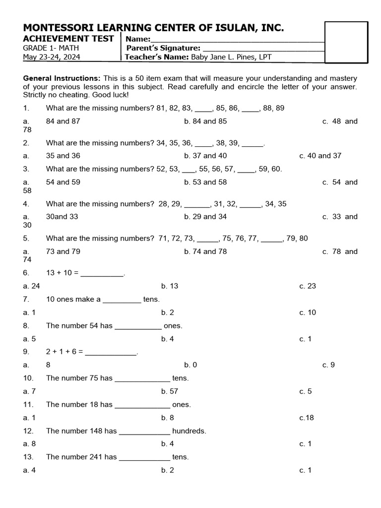 Math Grade 1 | PDF | Subtraction | Numbers