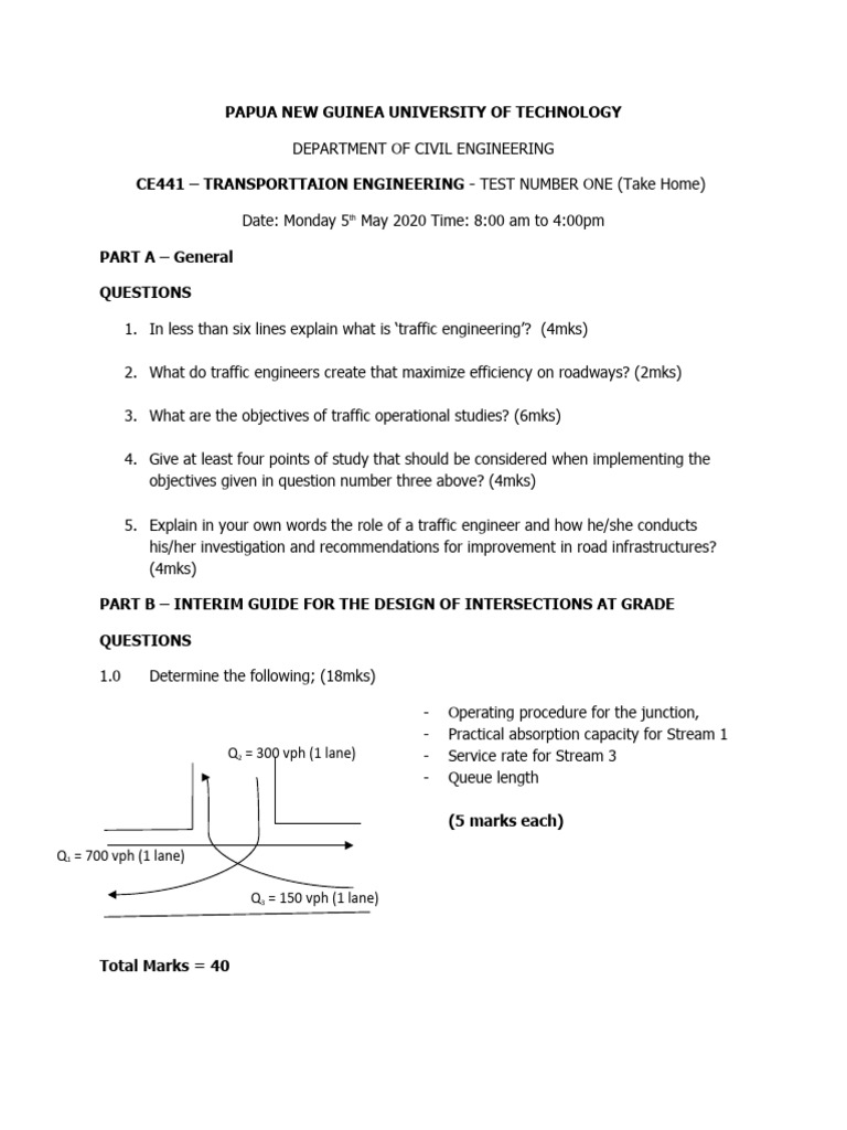 CE441 Transportation Engineering Test | PDF | Traffic | Intersection (Road)