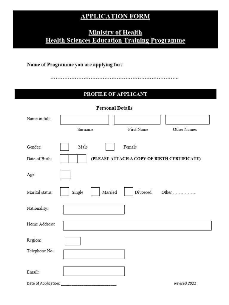 Health Sciences Training Application Form | PDF