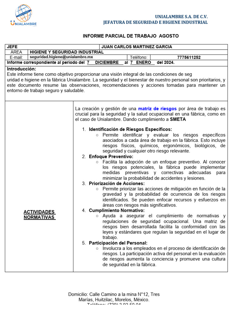Modelo De Informe De Seguridad E Higiene