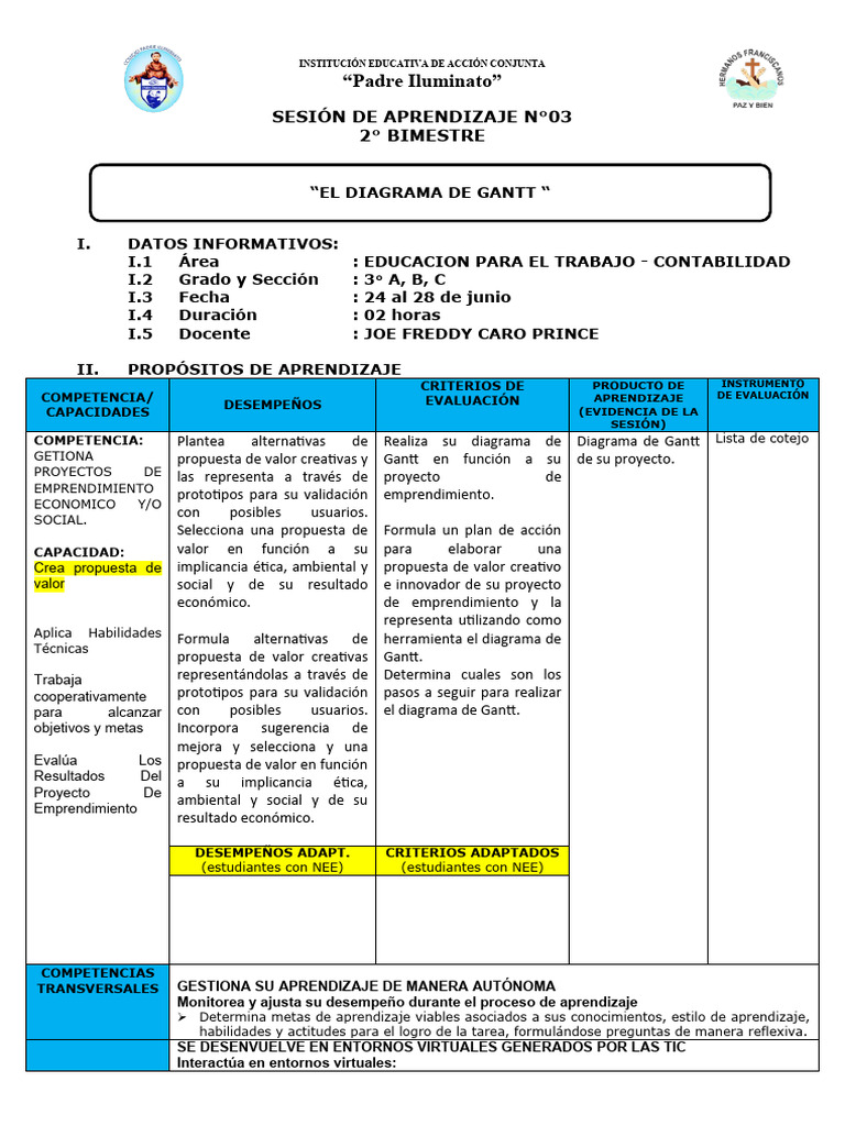 SESIÓN No 03 EPT CONTABILIDAD 3ro EL DIGRAMA DE GANTT | Descargar