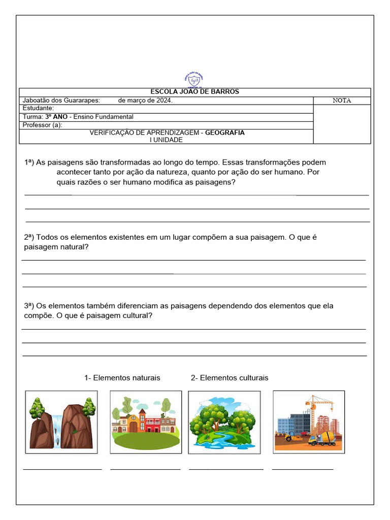 Prova de Geografia - 1 Uni (3º Ano) | PDF | Paisagem | Geografia