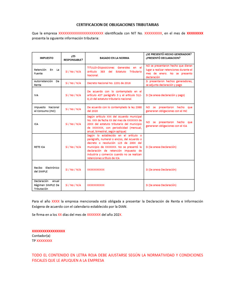 Certificación de Obligaciones Tributarias | PDF | Dinero | Impuestos