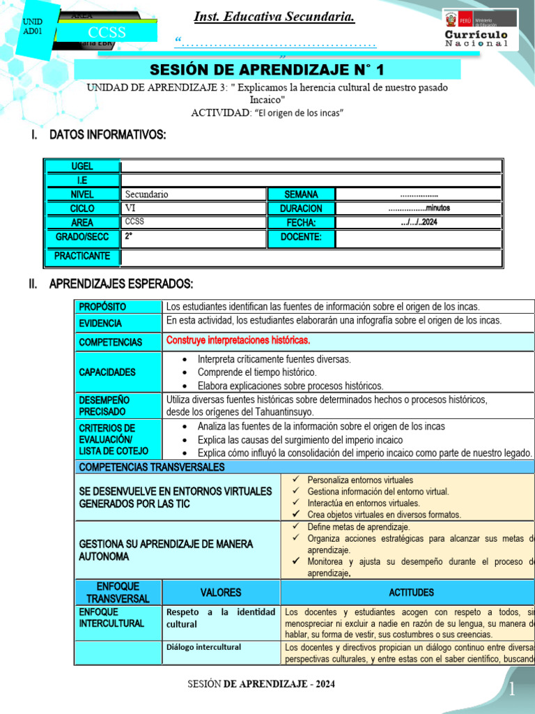 Origen de los Incas: Actividad Educativa | PDF | Imperio Inca
