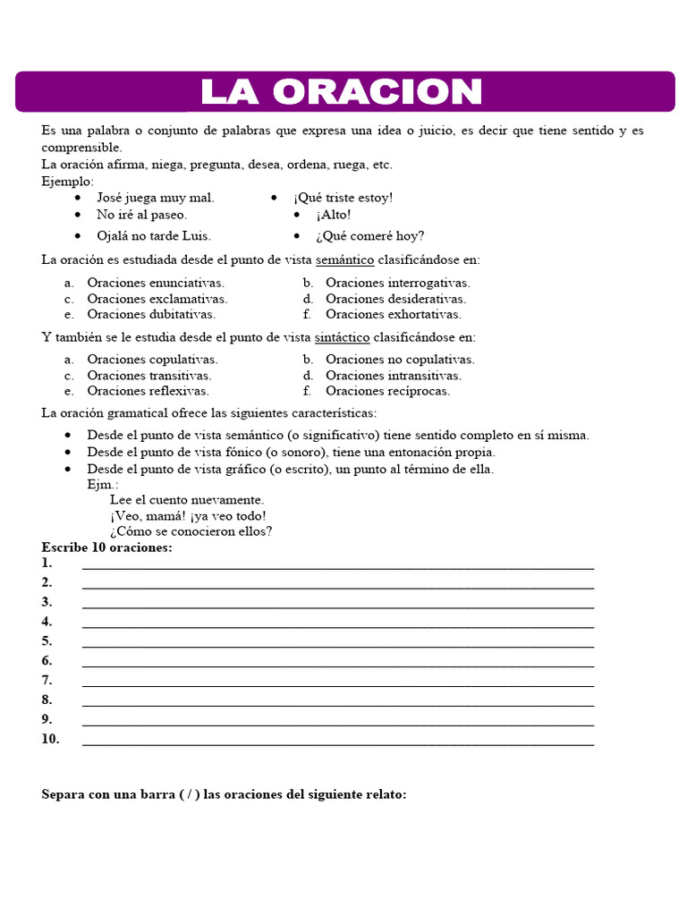 La Oracion y Su Clasificacion para Cuarto de Primaria | PDF | Oración ...