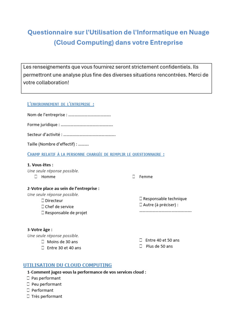 Questionnaire sur le Cloud Computing | PDF | Cloud computing | Informatique