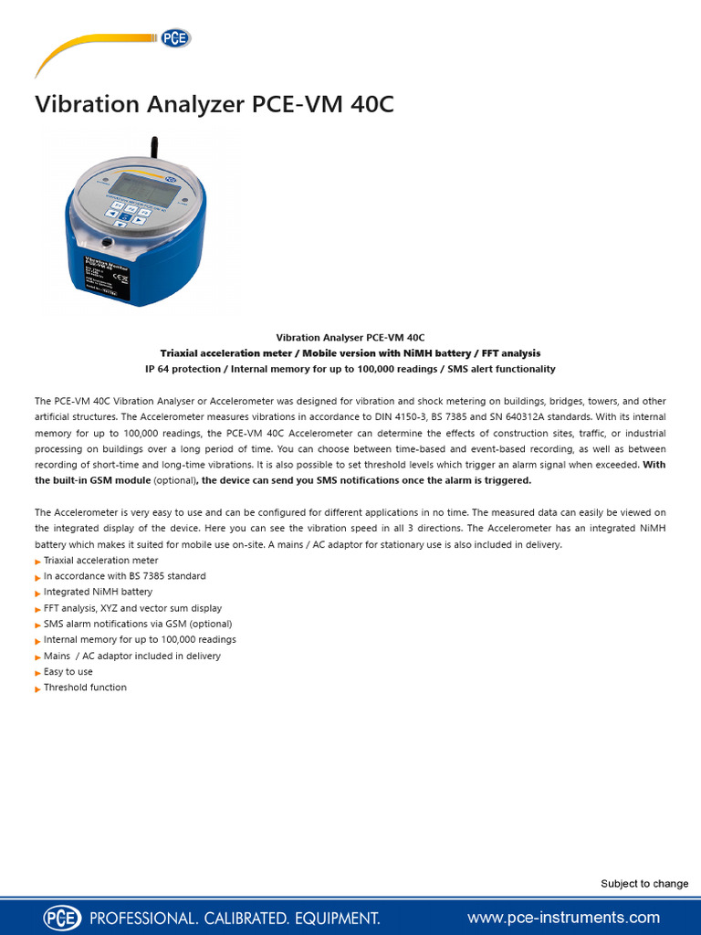 Data Sheet Pce VM 40c Pce Instruments | PDF | Usb | Accelerometer