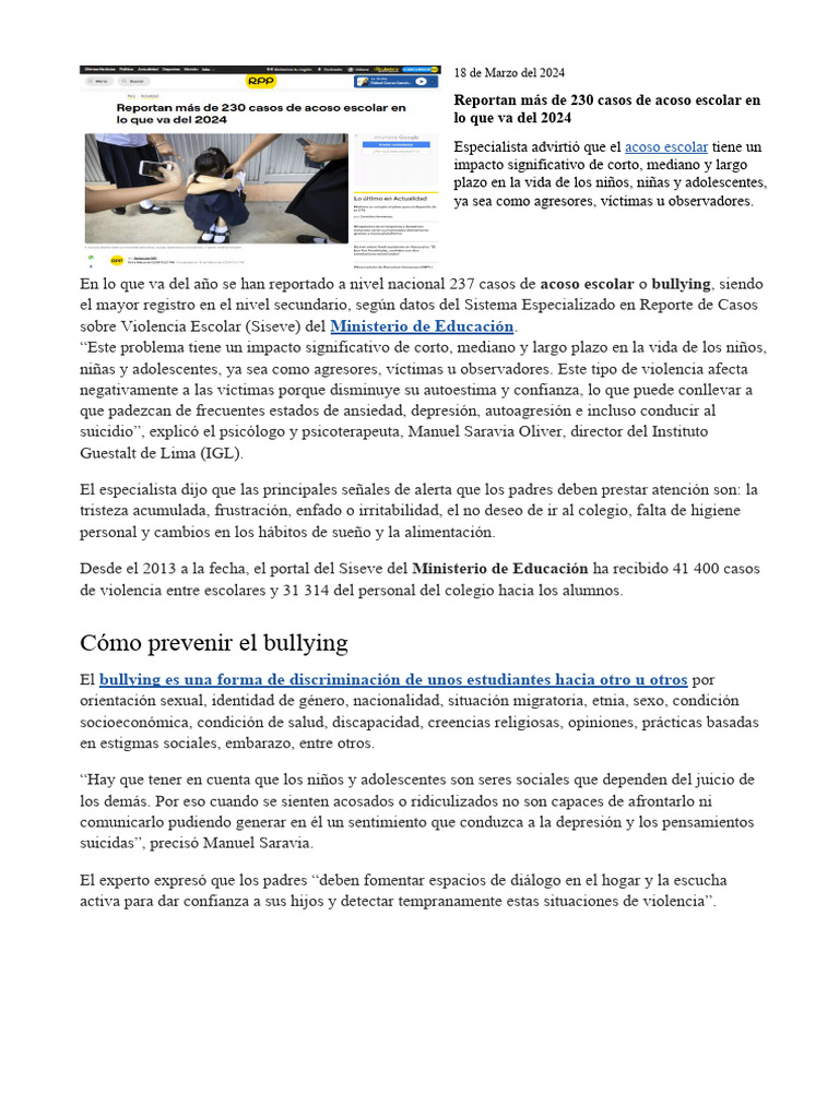Reportan Más de 230 Casos de Acoso Escolar en Lo Que Va Del 2024 | PDF ...