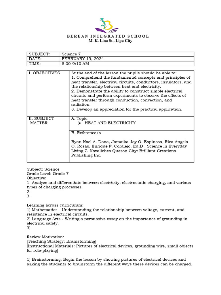 Heat and Electricity Lesson Plan for Grade 7 | PDF | Electricity ...