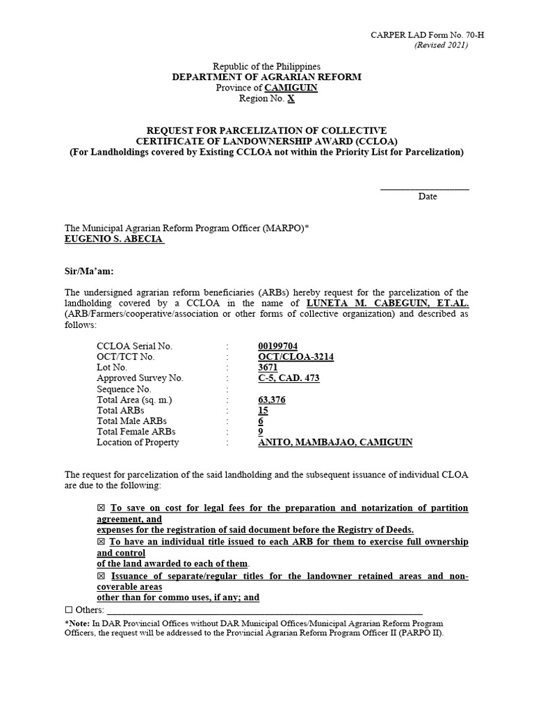 Parcelization Request for CCLOA in Camiguin | PDF | Real Property Law ...