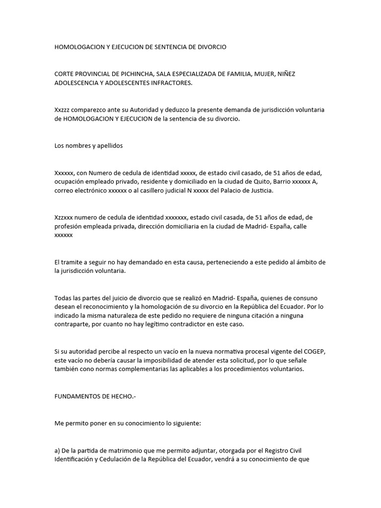 Homologacion y Ejecucion de Sentencia de Divorcio | PDF | Divorcio