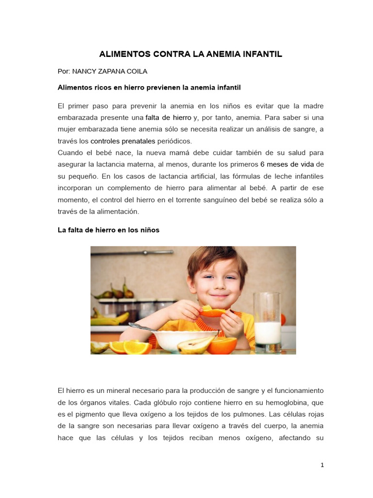 ALIMENTOS CONTRA LA ANEMIA INFANTIL | PDF | Alimentos | Dieta