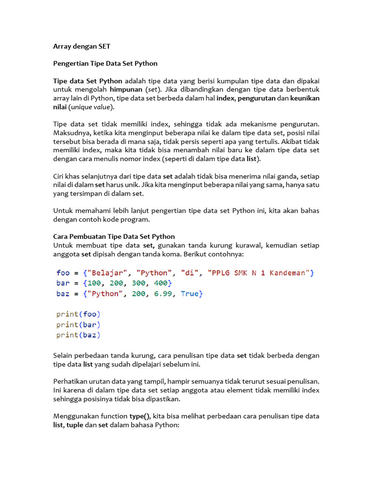 Panduan Lengkap Tipe Data Set Python | PDF