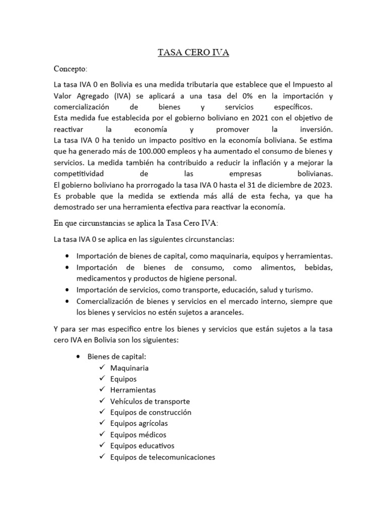 Tasa IVA 0 | PDF | Impuesto al valor agregado | Bolivia