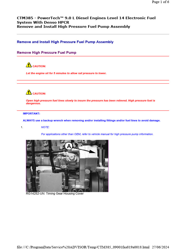 Remove and install high pressure fuel pump assembly pdf pump