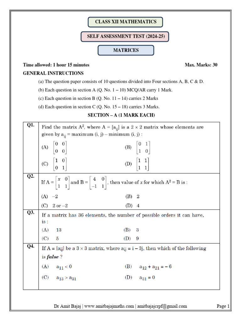 Class xii matrices self assessment test 2024 25 with answers dr