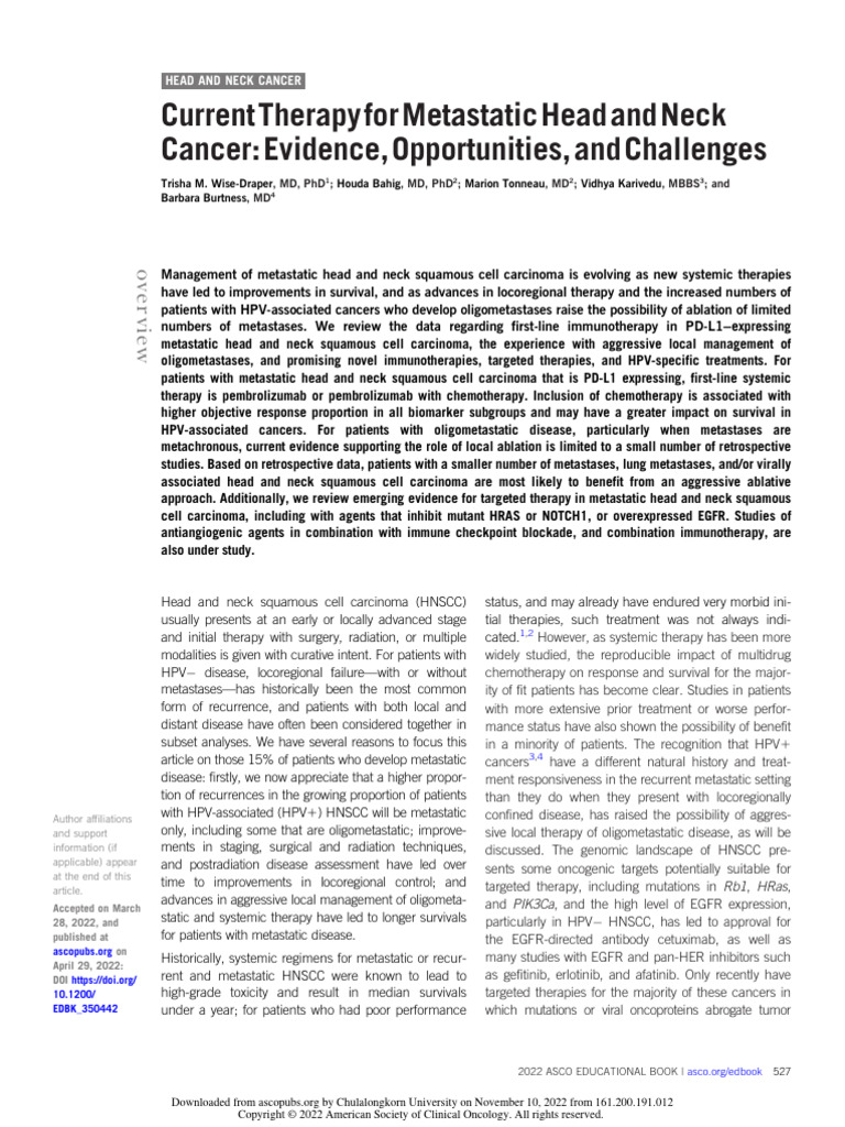 HNSCC Therapy | PDF | Head And Neck Cancer | Metastasis