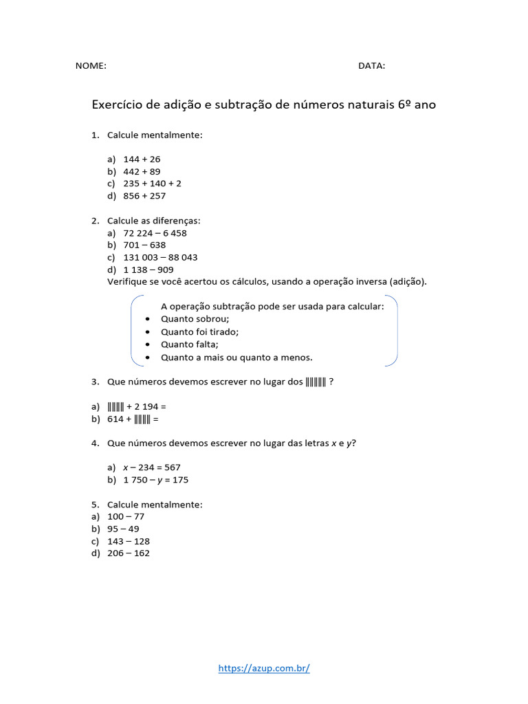 Exercícios de Adição e Subtração 6º Ano | PDF