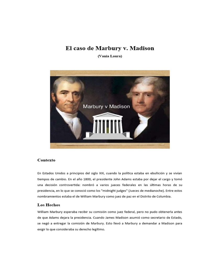 Resumen del caso Marbury vs Madison | PDF | Tribunal Supremo de los ...