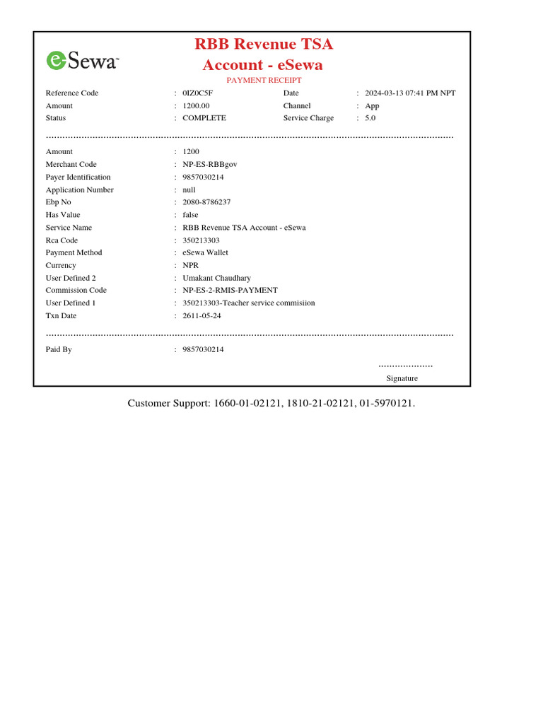 RBB Revenue TSA Account - Esewa 2024-03-13 | PDF