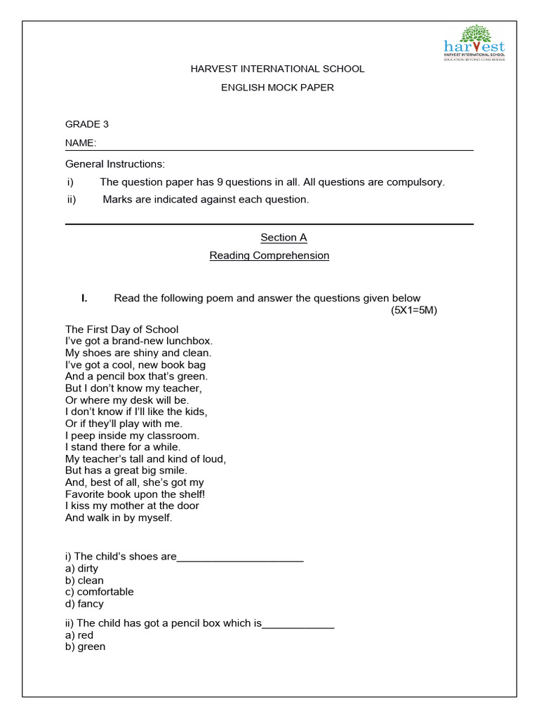 English Exam Grade 3 Download Free Pdf Language Mechanics Syntax