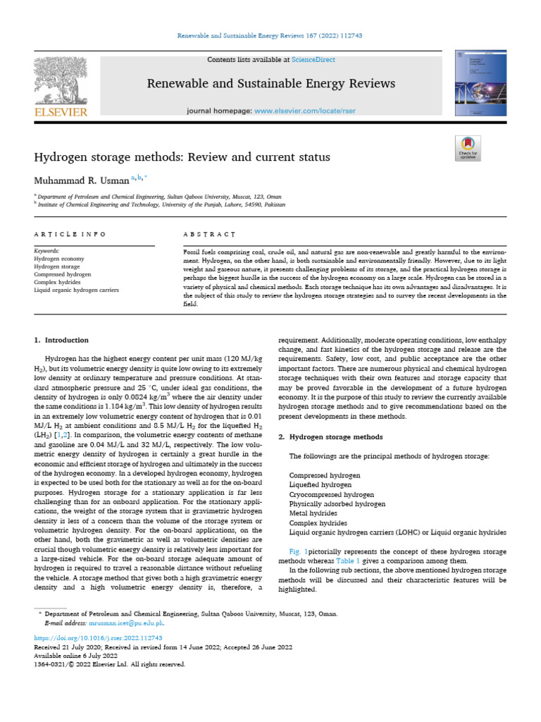 Hydrogen Storage Methods Review | PDF | Adsorption | Hydrogen