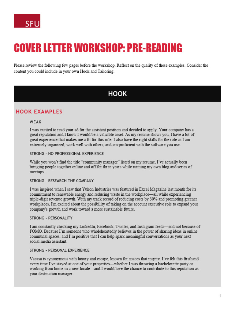 Cover Letter Workshop - Pre-Reading | PDF | Valuation (Finance ...