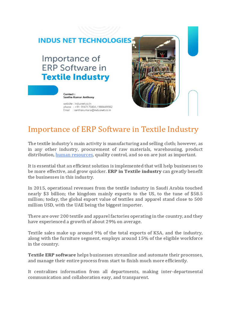ERP Benefits for Textile Industry | PDF | Enterprise Resource Planning ...